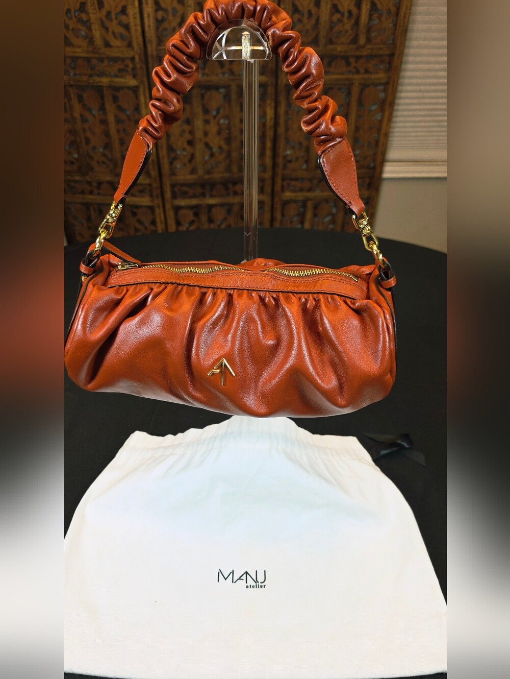 Manu Atelier Cognac Ruched Leather Shoulder Bag - Picture 12 of 16